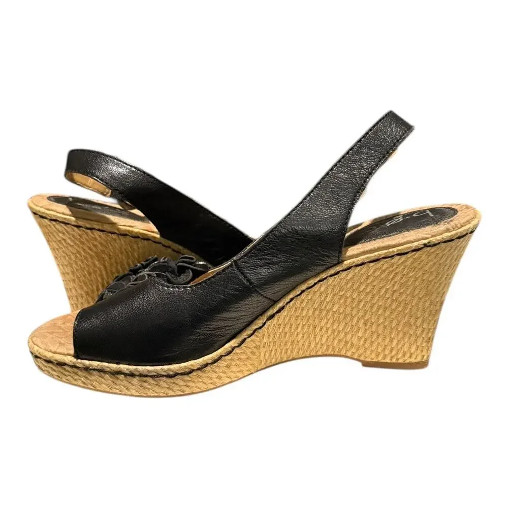 BOC Born Women’s Size 9 Black Leather Flower Open Toe Slingback Wedge Sandal